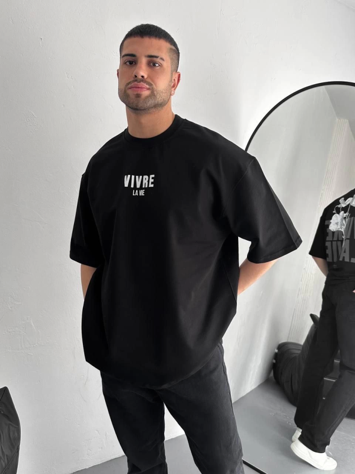 Baskılı Oversize Bisiklet Yaka T-shirt - Siyah
