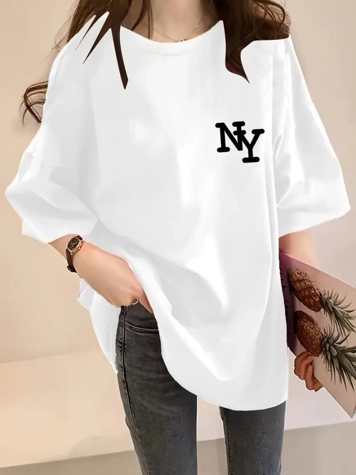 Baskılı Oversize Bisiklet Yaka T-shirt - Beyaz