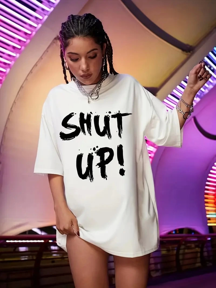 Baskılı Oversize Bisiklet Yaka T-shirt - Beyaz