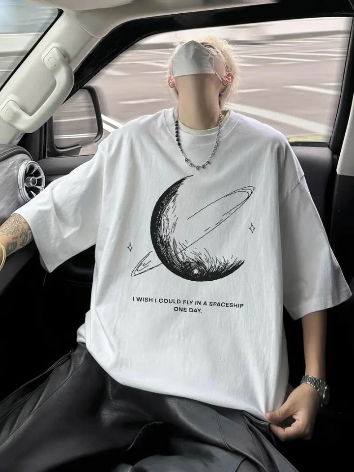 Baskılı Oversize Bisiklet Yaka T-shirt - Siyah