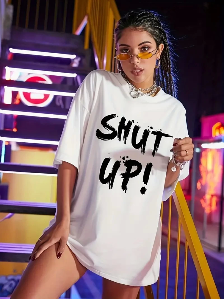 Baskılı Oversize Bisiklet Yaka T-shirt - Beyaz