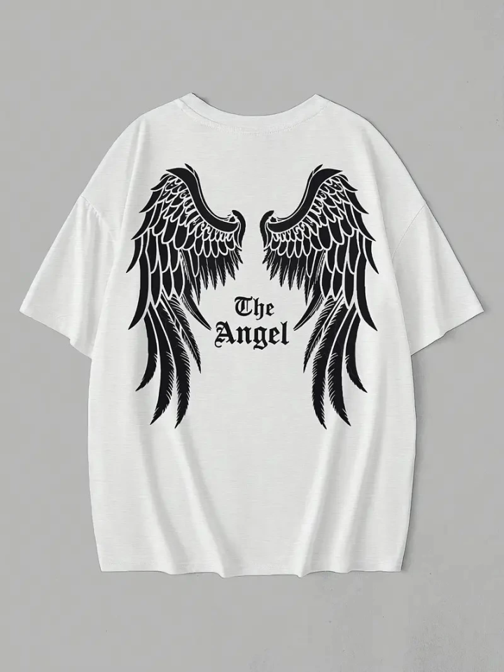 Baskılı Oversize Bisiklet Yaka T-shirt - Beyaz