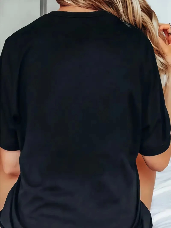 Baskılı Oversize Bisiklet Yaka T-shirt - Siyah