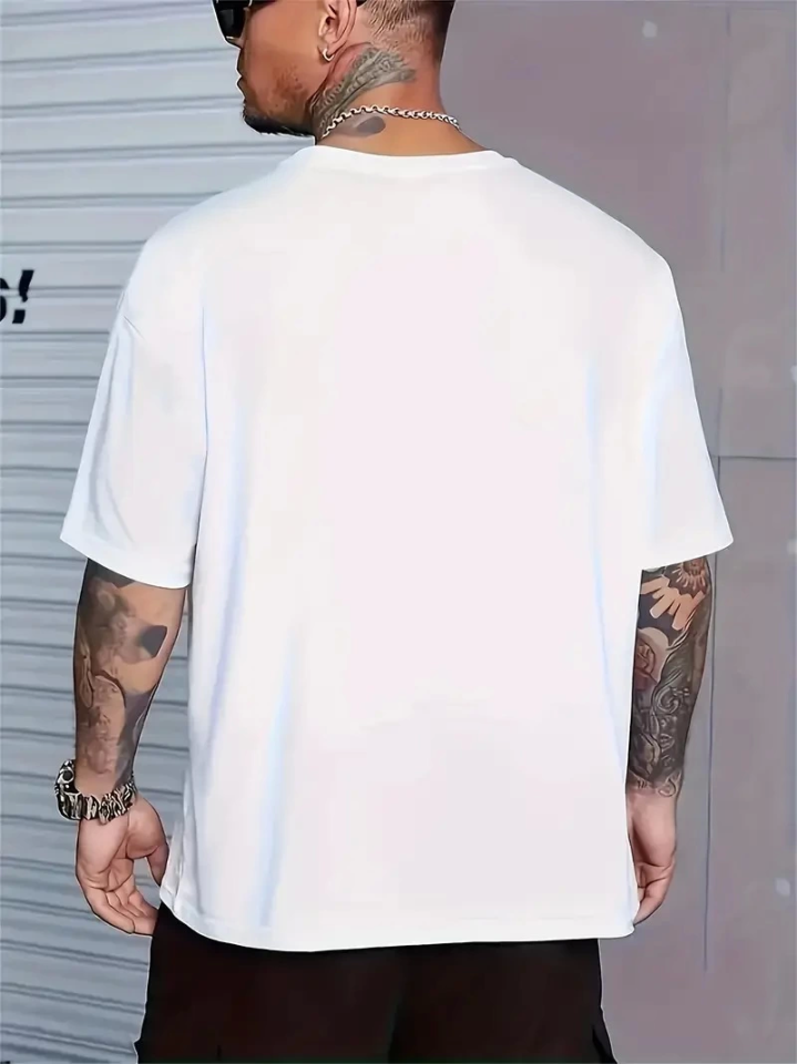 Baskılı Oversize Bisiklet Yaka T-shirt - Beyaz