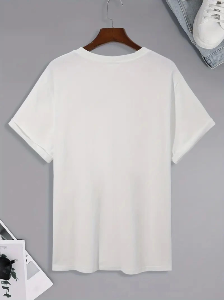 Baskılı Oversize Bisiklet Yaka T-shirt - Beyaz