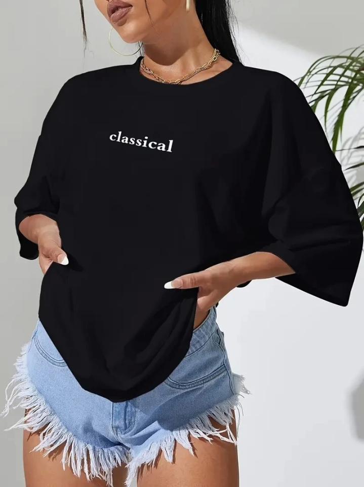 Baskılı Oversize Bisiklet Yaka T-shirt - Siyah