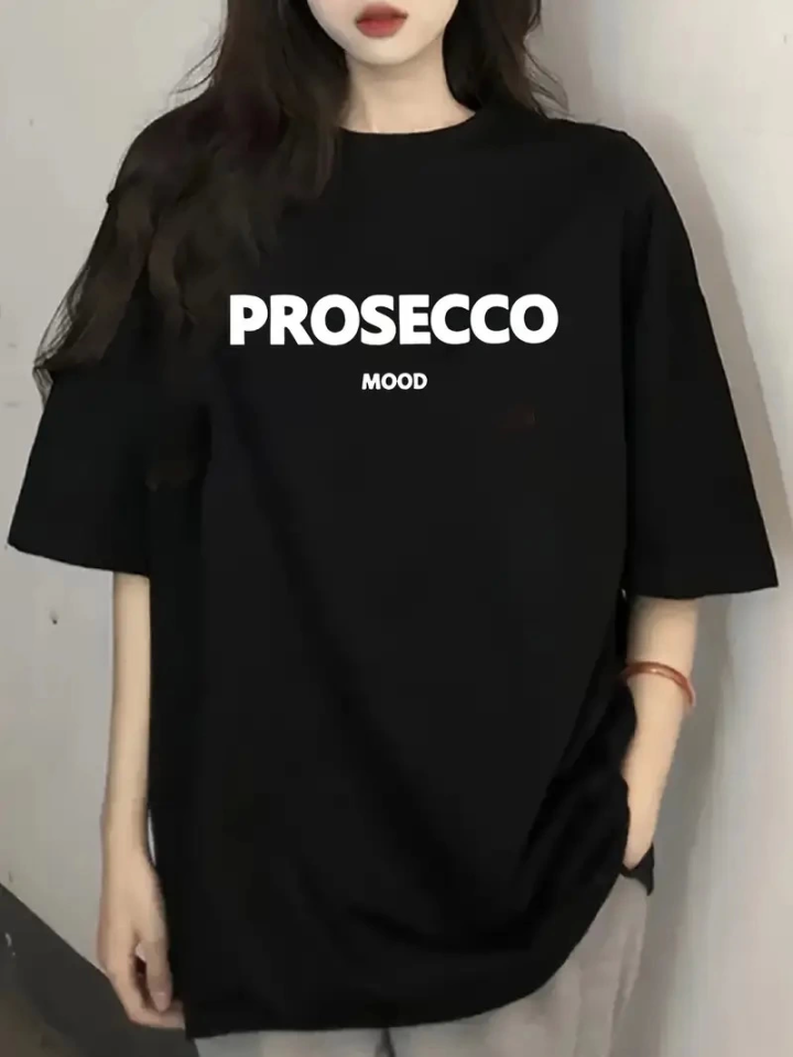Baskılı Oversize Bisiklet Yaka T-shirt - Siyah