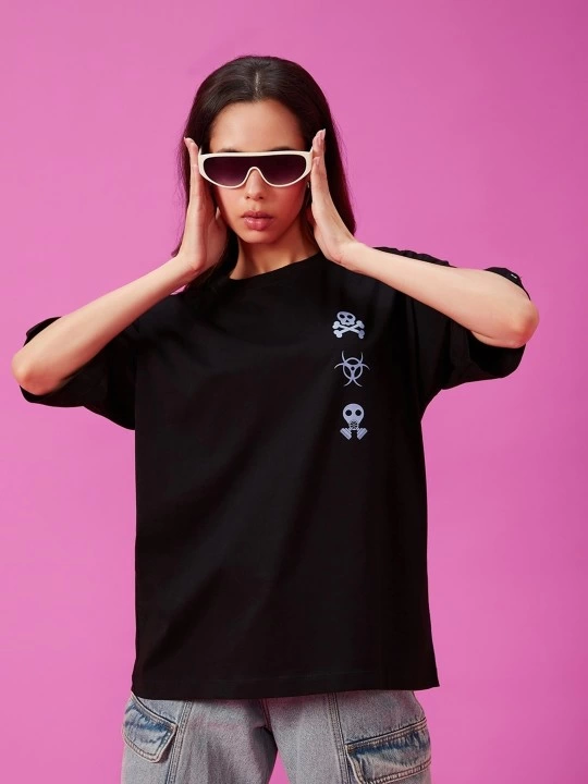 Baskılı Oversize T-shirt - Siyah