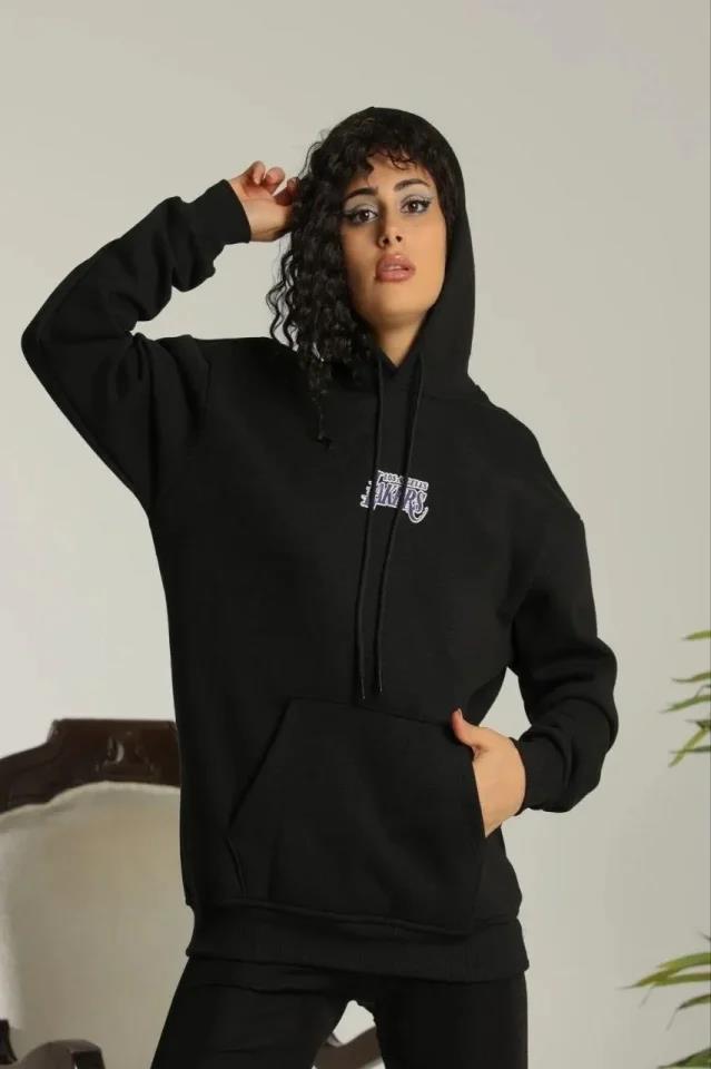 Baskılı Oversize Üç İplik Kapüşonlu Sweatshirt - Siyah