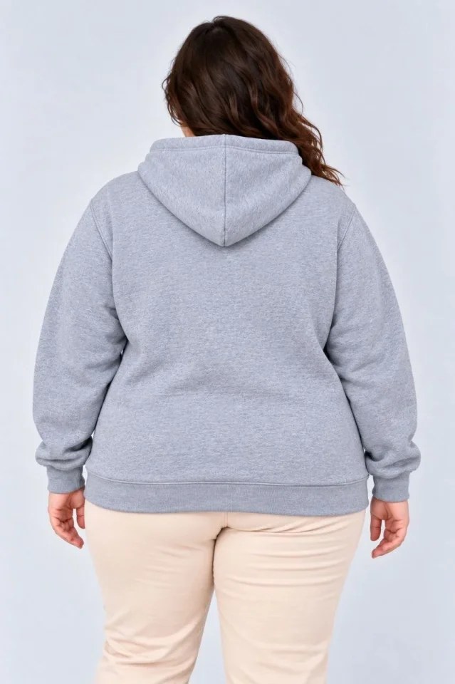 Battal Büyük Beden Üç İplik İçi Şardonlu Kapüşonlu Kanguru Cepli Kışlık Sweatshirt - Gri