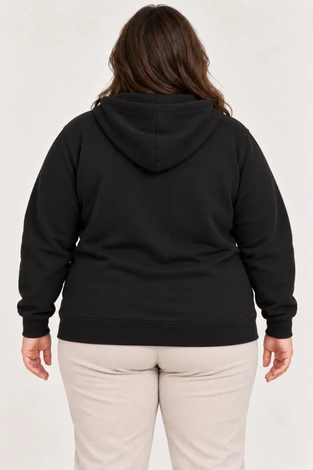 Battal Büyük Beden Üç İplik İçi Şardonlu Kapüşonlu Tam Fermuarlı Kışlık Sweatshirt - Siyah