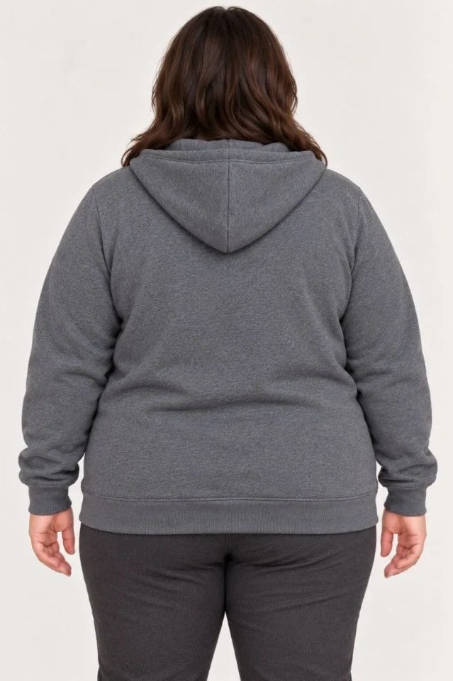 Battal Büyük Beden Üç İplik İçi Şardonlu Kapüşonlu Tam Fermuarlı Kışlık Sweatshirt - Füme