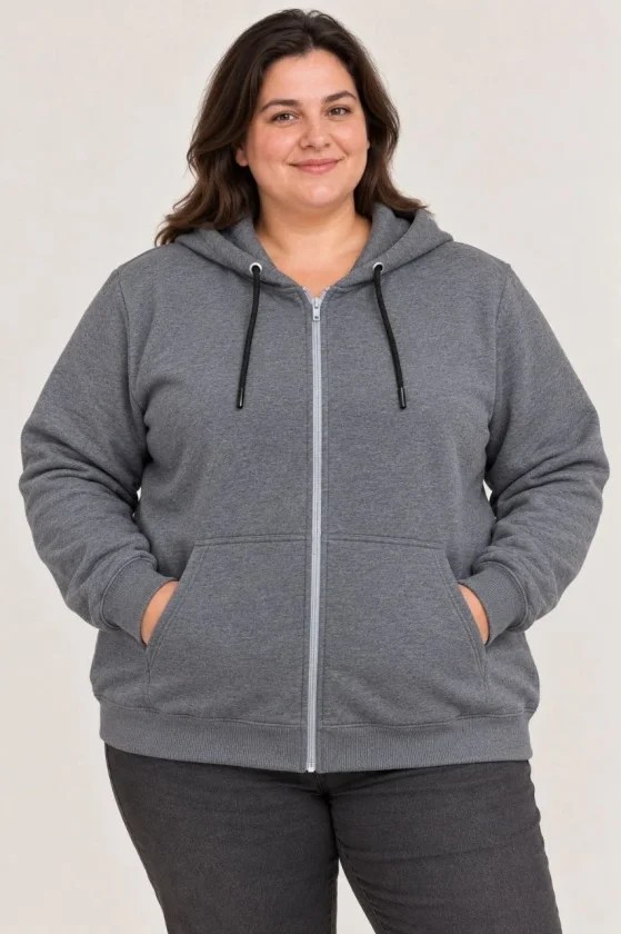 Battal Büyük Beden Üç İplik İçi Şardonlu Kapüşonlu Tam Fermuarlı Kışlık Sweatshirt - Füme