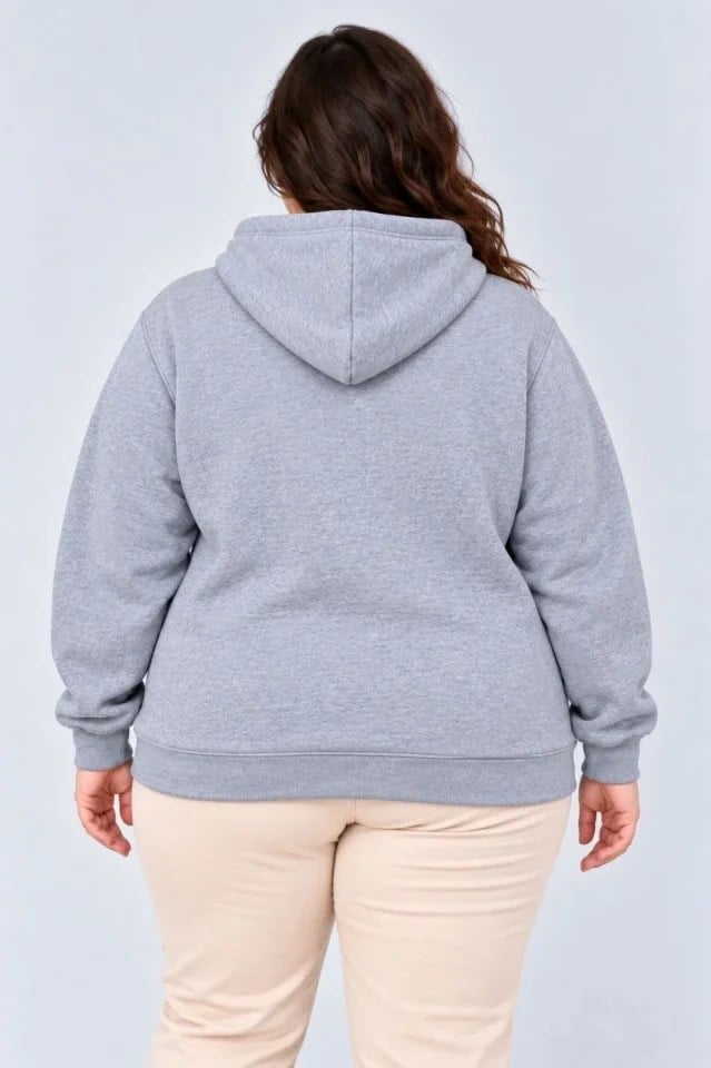 Battal Büyük Beden Üç İplik İçi Şardonlu Kapüşonlu Kanguru Cepli Kışlık Sweatshirt - Gri