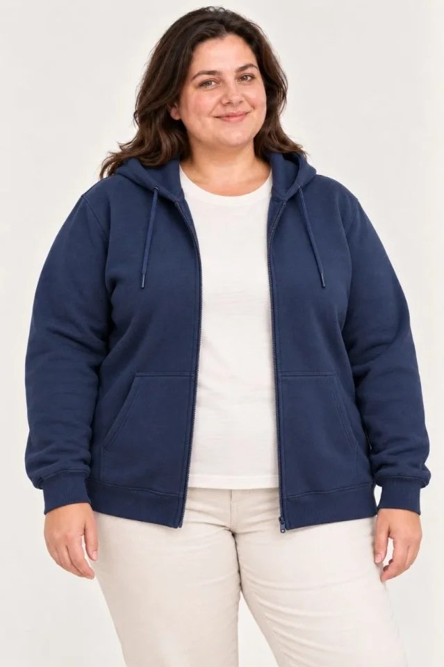 Battal Büyük Beden Üç İplik İçi Şardonlu Kapüşonlu Tam Fermuarlı Kışlık Sweatshirt - Lacivert