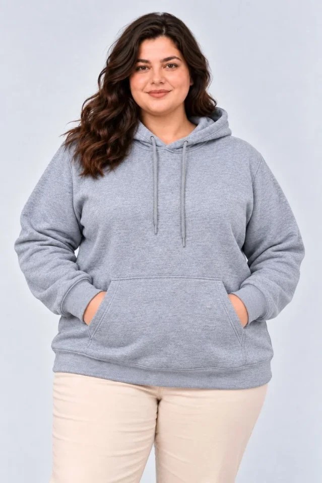 Battal Büyük Beden Üç İplik İçi Şardonlu Kapüşonlu Kanguru Cepli Kışlık Sweatshirt - Gri