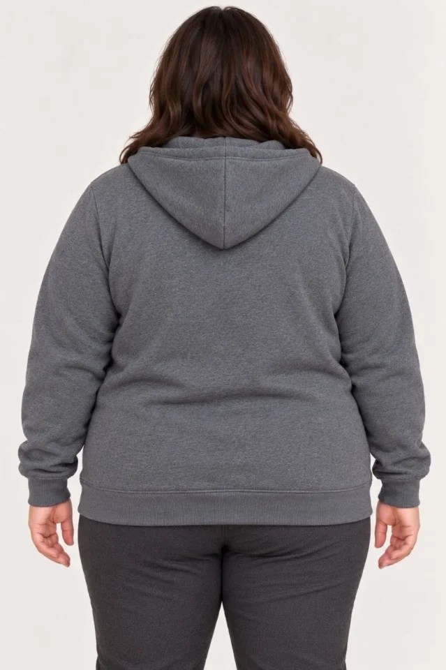 Battal Büyük Beden Üç İplik İçi Şardonlu Kapüşonlu Tam Fermuarlı Kışlık Sweatshirt - Füme