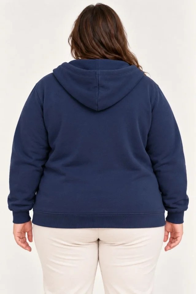 Battal Büyük Beden Üç İplik İçi Şardonlu Kapüşonlu Tam Fermuarlı Kışlık Sweatshirt - Lacivert