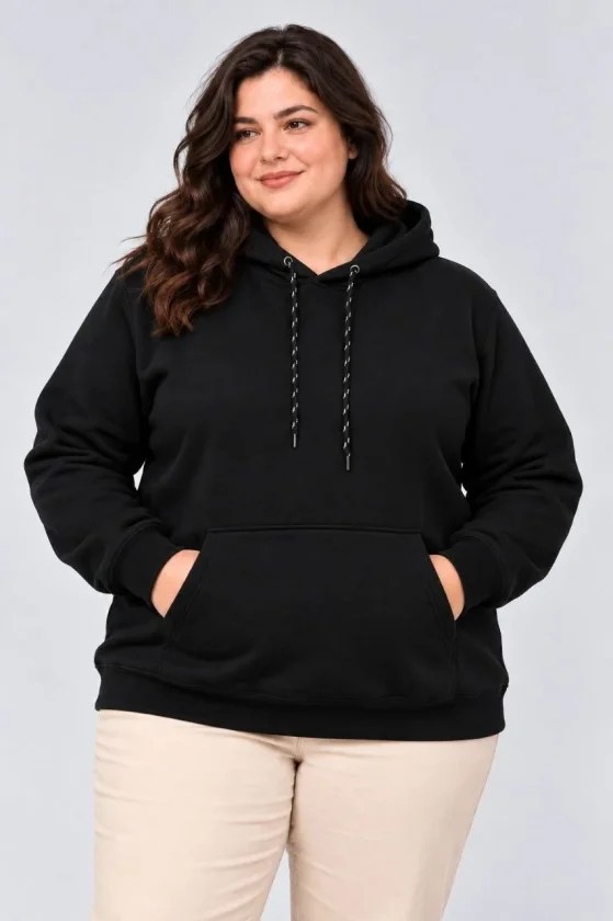Battal Büyük Beden Üç İplik İçi Şardonlu Kapüşonlu Kanguru Cepli Kışlık Sweatshirt - Siyah