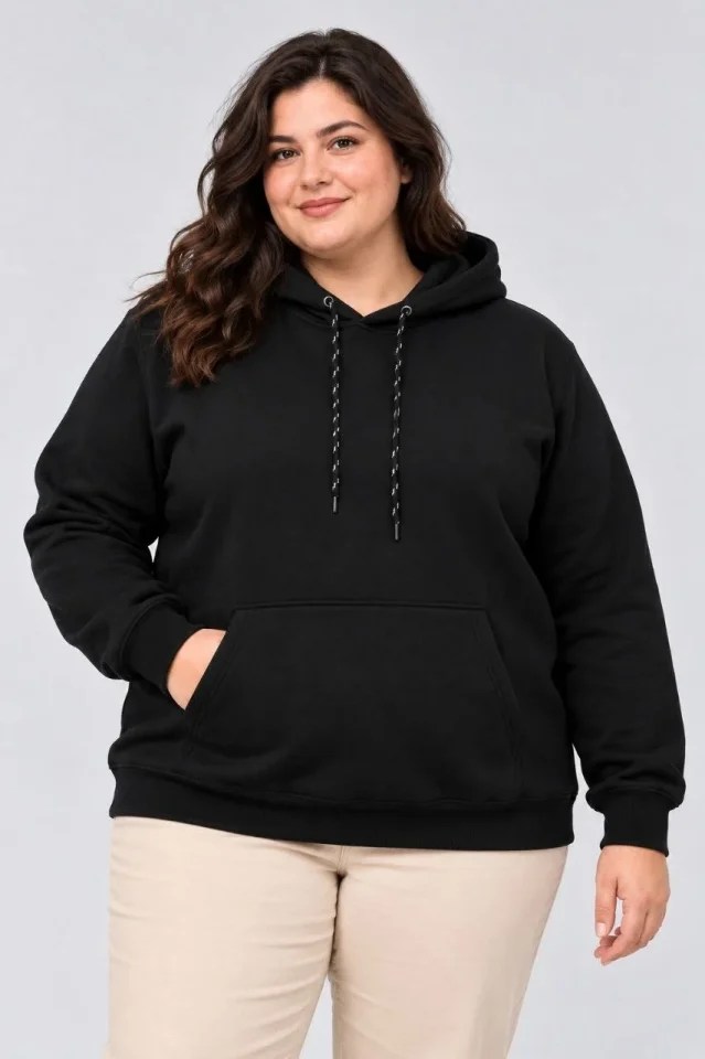 Battal Büyük Beden Üç İplik İçi Şardonlu Kapüşonlu Kanguru Cepli Kışlık Sweatshirt - Siyah