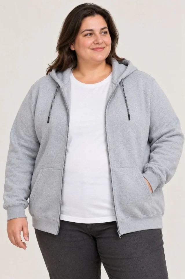 Battal Büyük Beden Üç İplik İçi Şardonlu Kapüşonlu Tam Fermuarlı Kışlık Sweatshirt - Gri