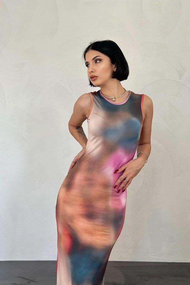 Bej Batik Desenli Elbise