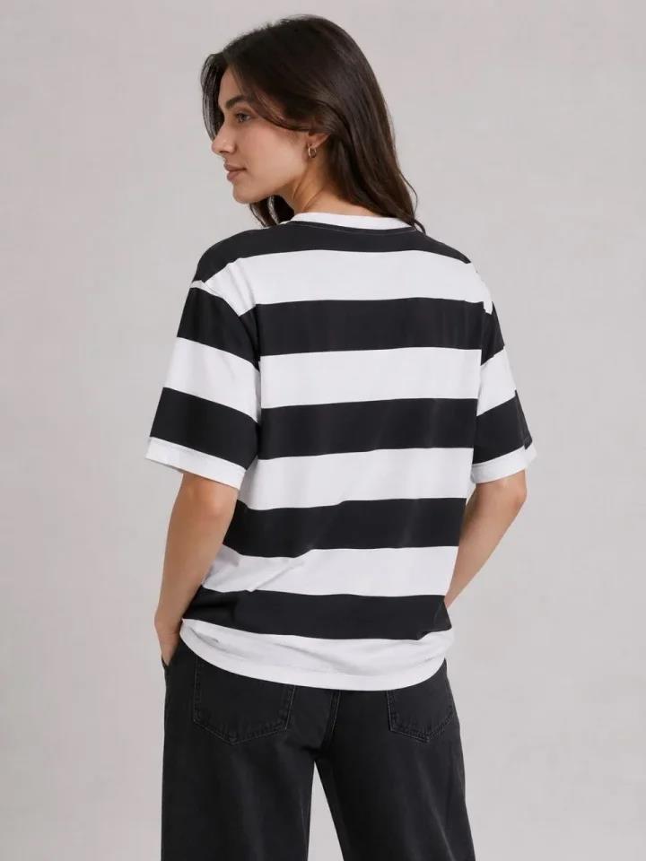 Çizgili Oversize Tişört Bisiklet Yaka Kısa Kol Yazlık T-Shirt - Siyah