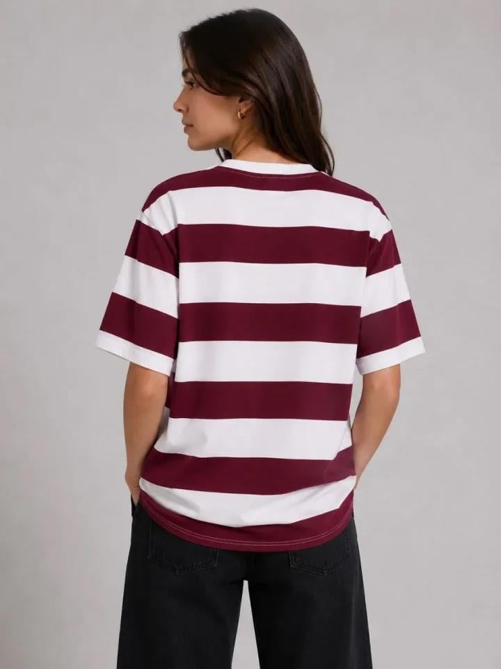 Çizgili Oversize Tişört Bisiklet Yaka Kısa Kol Yazlık T-Shirt - Bordo