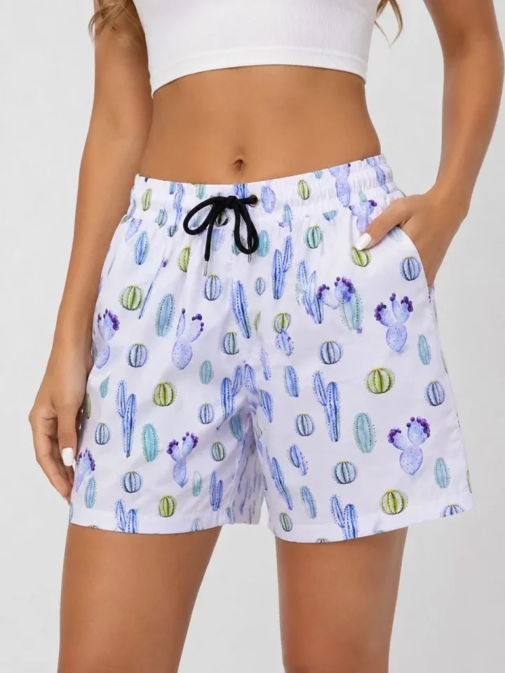 Deniz Şortu Kaktüs Desenli Cepli Bağcıklı File Astarlı Hızlı Kuruyan - Beyaz