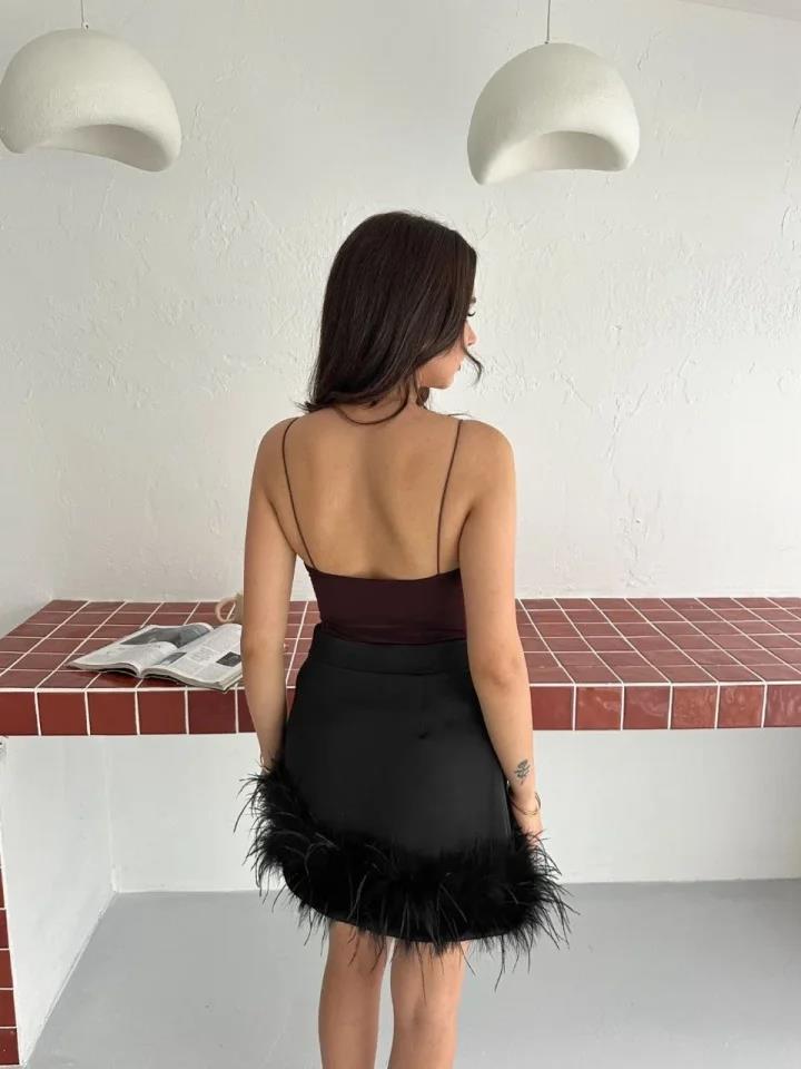 Derin Dekolte Askılı Body Sırt Dekolteli Şık Kolsuz Yazlık Bodysuit - Kahverengi