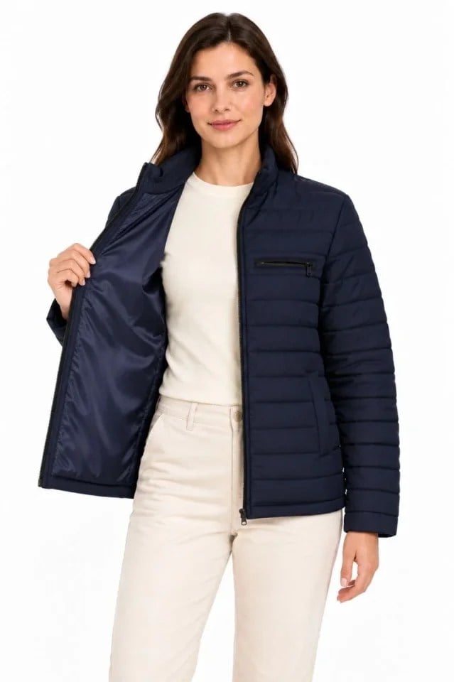Dik Yaka Su İtici Şişme Kapitone Üç Cepli Mont Ceket - Lacivert