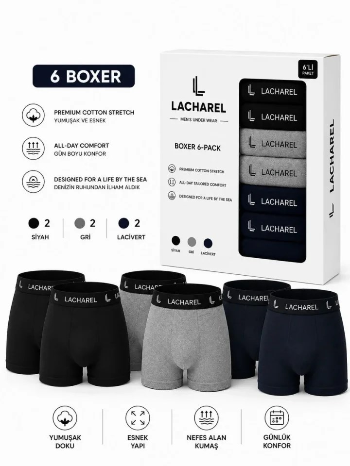 Erkek 12li İç Giyim Seti Pamuklu 6 Boxer 6 Çorap Çoklu Paket - Siyah - Lacivert - Gri - Beyaz