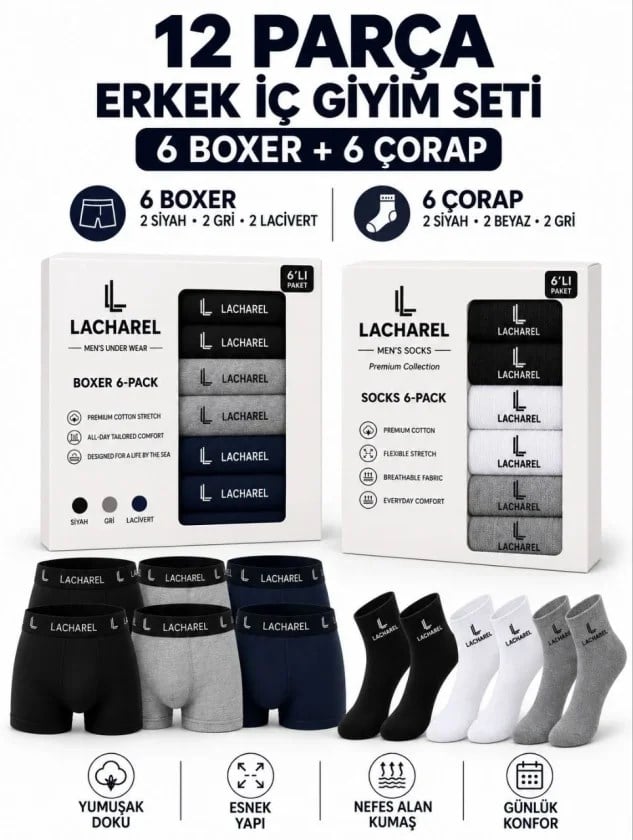 Erkek 12li İç Giyim Seti Pamuklu 6 Boxer 6 Çorap Çoklu Paket - Siyah - Lacivert - Gri - Beyaz