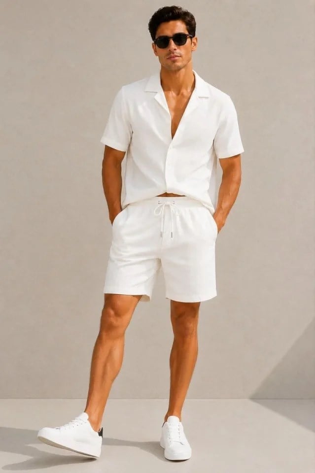 Erkek 2li Krep Kumaş Cepli Gömlek Şort Takım Kısa Kollu Bağcıklı - Beyaz - Lacivert