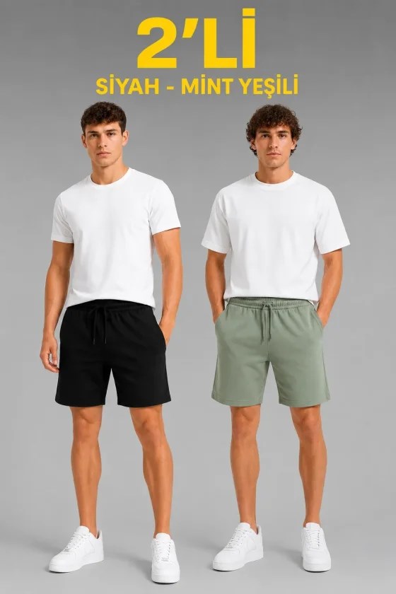 Erkek 2li Pamuklu Şort 3 İplik Şardonsuz Yazlık Cepli Lastikli Bağcıklı - Siyah - Mint Yeşili