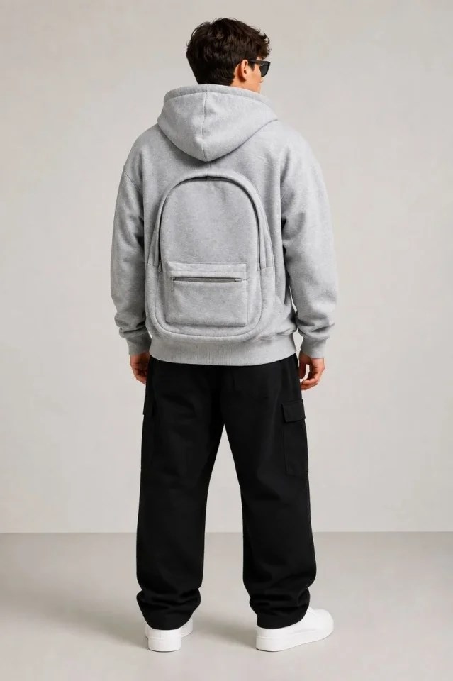 Erkek 3 İplik Şardonlu Tam Fermuarlı Kapüşonlu Arka Çanta Detaylı Sweatshirt - Gri
