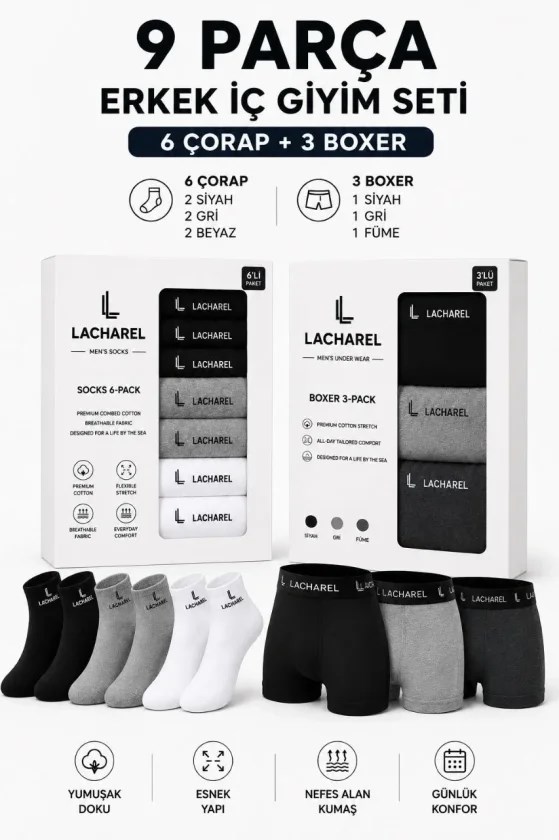 Erkek 9Lu İç Giyim Seti Pamuklu 3 Boxer 6 Çorap Çoklu Paket - Siyah - Füme - Gri - Beyaz
