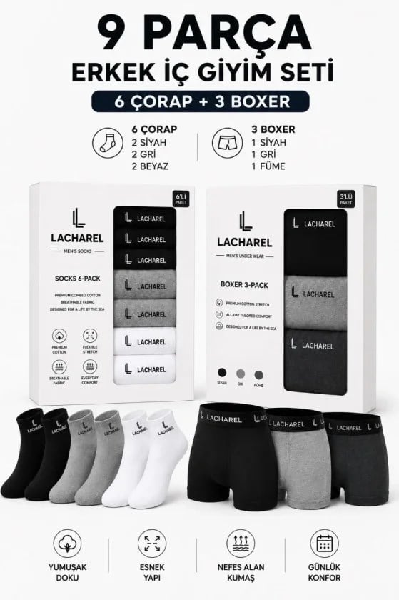 Erkek 9Lu İç Giyim Seti Pamuklu 3 Boxer 6 Çorap Çoklu Paket - Siyah - Füme - Gri - Beyaz