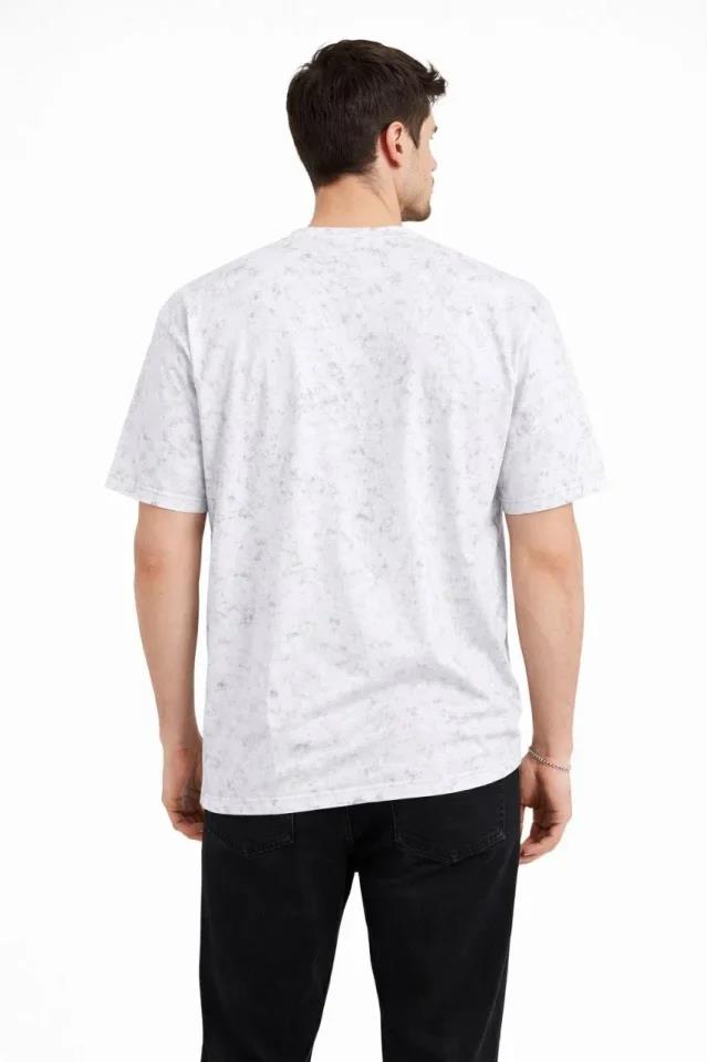 Erkek Asit Yıkama Bisiklet Yaka Kısa Kollu Oversize T-Shirt Tişört - Beyaz