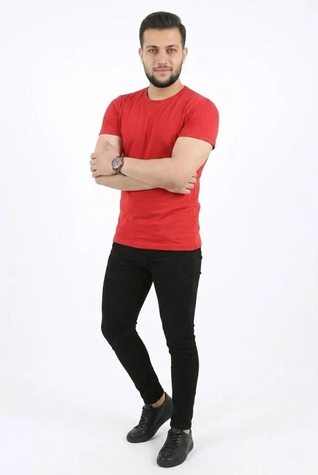 Erkek Basic Tişört Bisiklet Yaka Kısa Kol Günlük Yazlık Slim Fit T-Shirt - Kırmızı