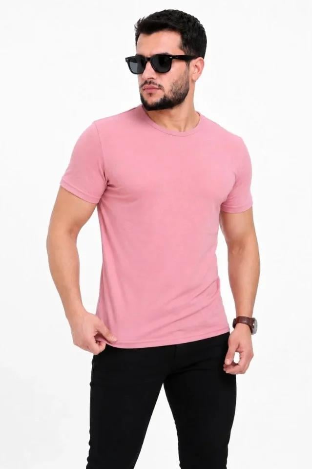 Erkek Basic Tişört Bisiklet Yaka Kısa Kol Günlük Yazlık Slim Fit T-Shirt - Pembe