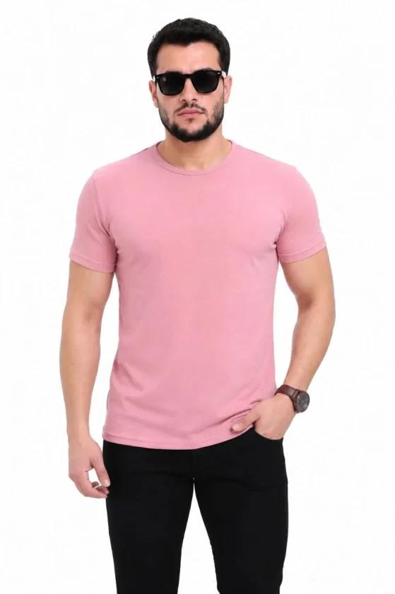 Erkek Basic Tişört Bisiklet Yaka Kısa Kol Günlük Yazlık Slim Fit T-Shirt - Pembe