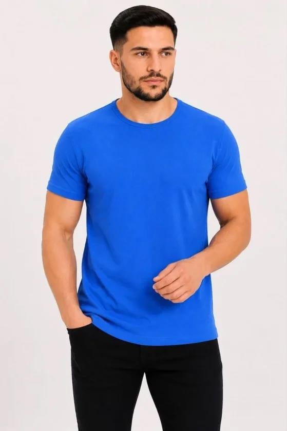 Erkek Basic Tişört Bisiklet Yaka Kısa Kol Günlük Yazlık Slim Fit T-Shirt - Saks Mavisi