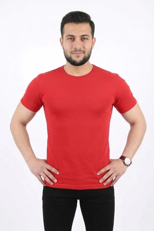 Erkek Basic Tişört Bisiklet Yaka Kısa Kol Günlük Yazlık Slim Fit T-Shirt - Kırmızı