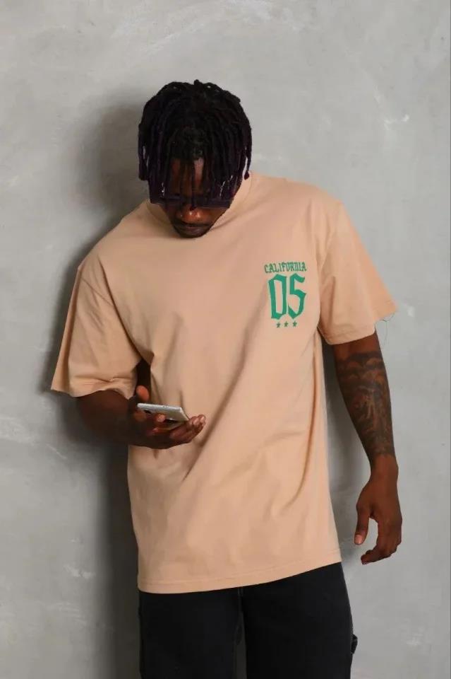 Erkek Baskılı T-Shirt Kısa Kol Bisiklet Yaka Regular Fit Rahat Kalıp Günlük Tişört - Bej