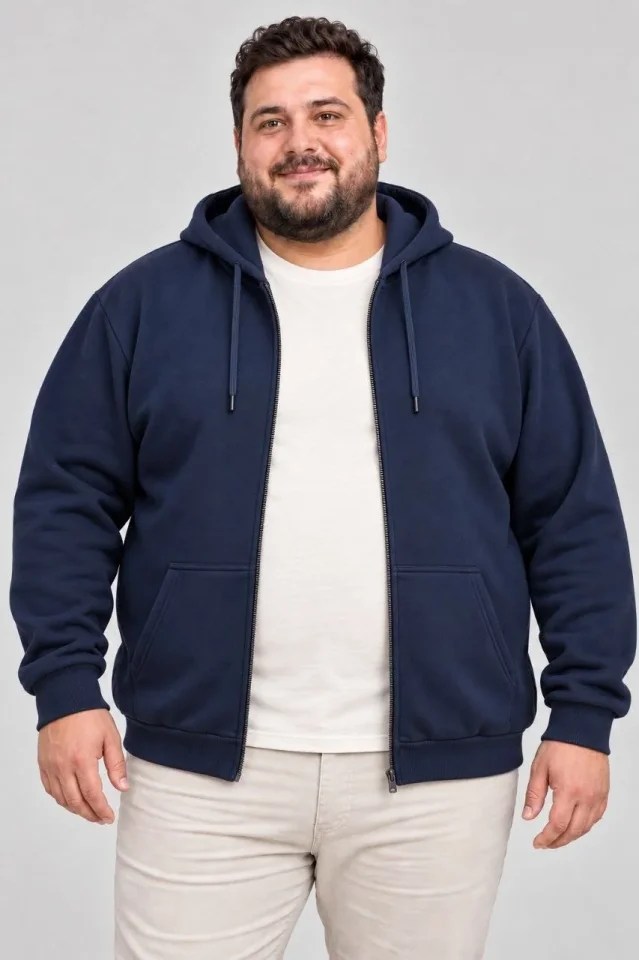 Erkek Battal Büyük Beden Üç İplik İçi Şardonlu Kapüşonlu Tam Fermuarlı Kışlık Sweatshirt - Lacivert
