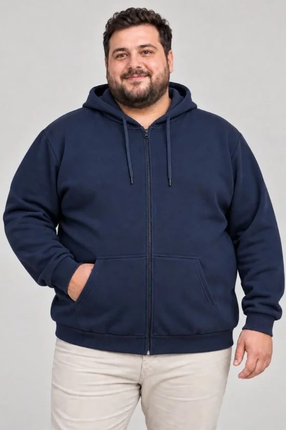 Erkek Battal Büyük Beden Üç İplik İçi Şardonlu Kapüşonlu Tam Fermuarlı Kışlık Sweatshirt - Lacivert