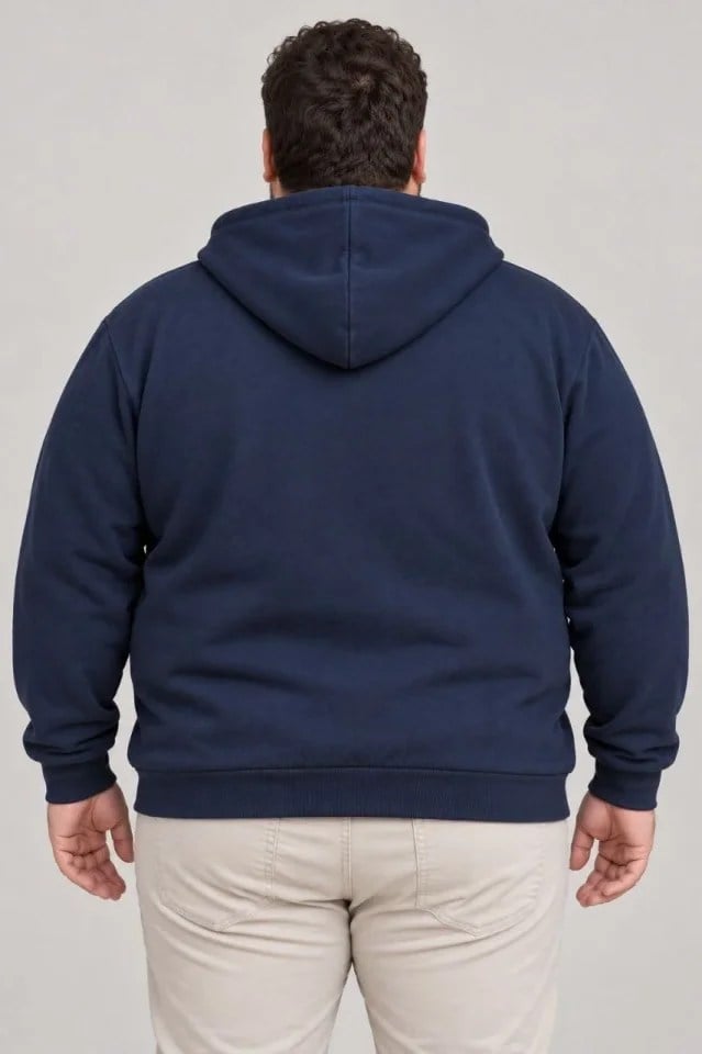 Erkek Battal Büyük Beden Üç İplik İçi Şardonlu Kapüşonlu Tam Fermuarlı Kışlık Sweatshirt - Lacivert