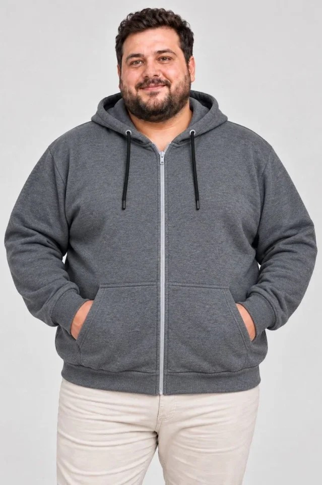 Erkek Battal Büyük Beden Üç İplik İçi Şardonlu Kapüşonlu Tam Fermuarlı Kışlık Sweatshirt - Füme
