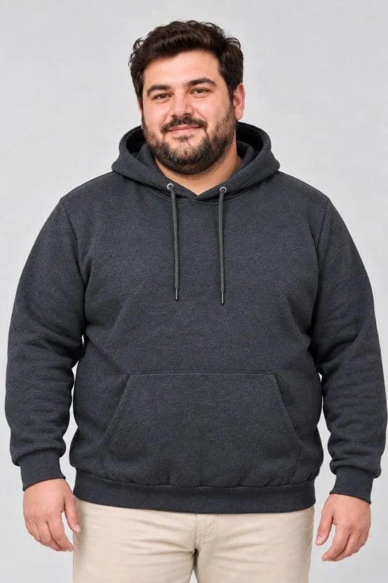 Erkek Battal Büyük Beden Üç İplik İçi Şardonlu Kapüşonlu Kanguru Cepli Kışlık Sweatshirt - Füme